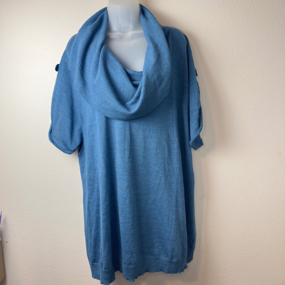 Lane Bryant Merino Wool Blend Cowl Neck Sweater Blue Short Sleeve Tunic 26/28